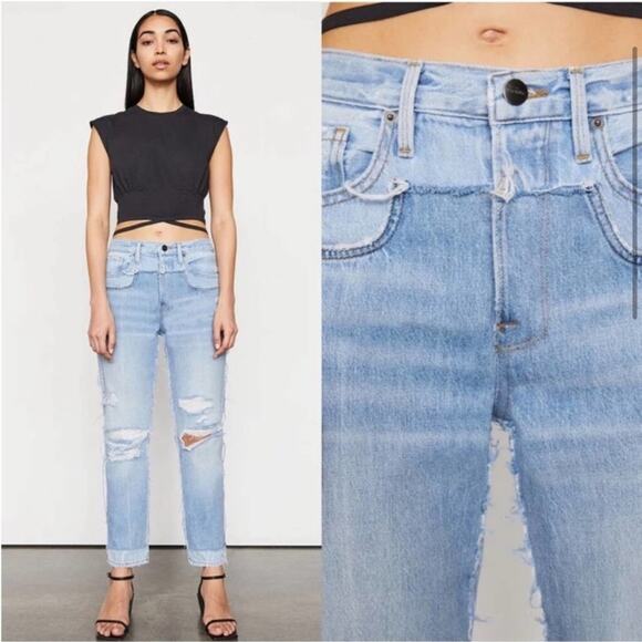 NWT FRAME Denim Layered-Look Straight Leg Distressed Jeans - Picture 1 of 8